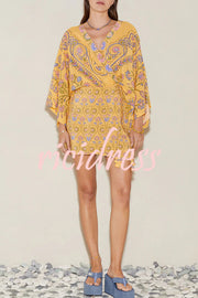 Mumbai's Flower Unique Print Batwing Sleeve Wrap Tie-up Boho Mini Dress