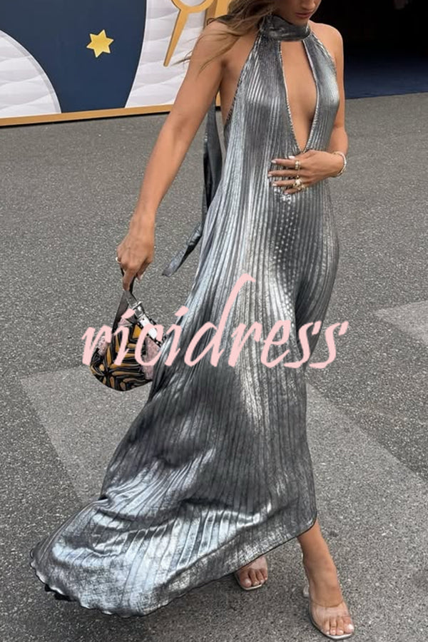 Celebration Party Pleated Metallic Fabric High Deep V-cutout Halter Neck A-line Maxi Dress