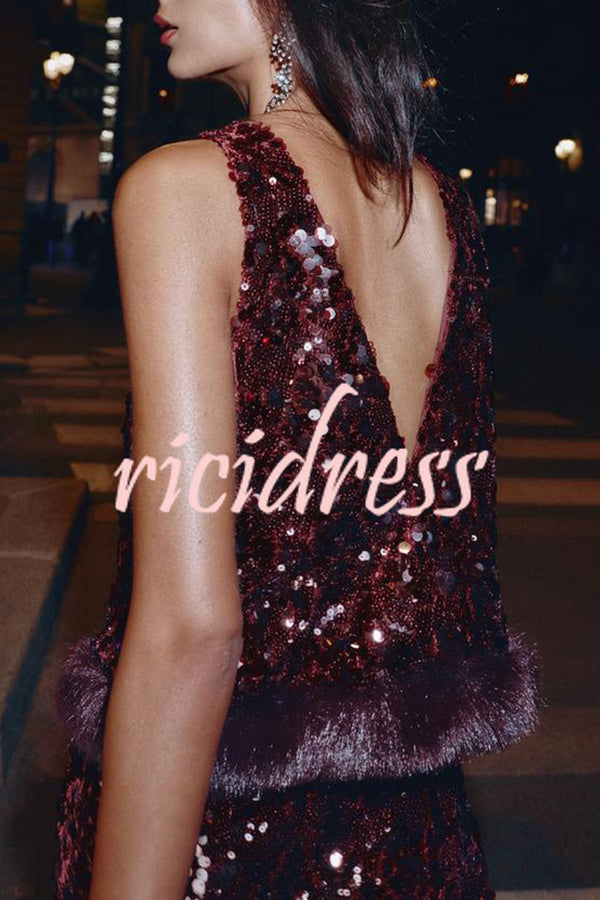 Gala Goddess Sequin Faux Fur Trim Crew Neck Sleeveless Loose Top