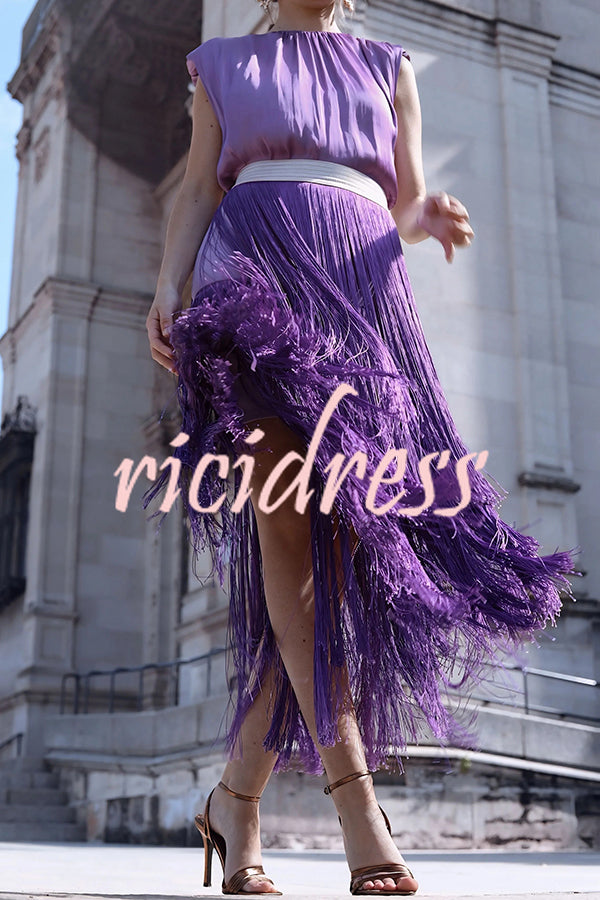 Elegant Tassel Hem Elastic Waist Casual Maxi Skirt