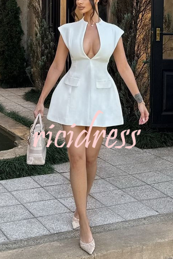 Simple Yet Chic Cap Sleeve V Neck Bubble-shaped Mini Dress