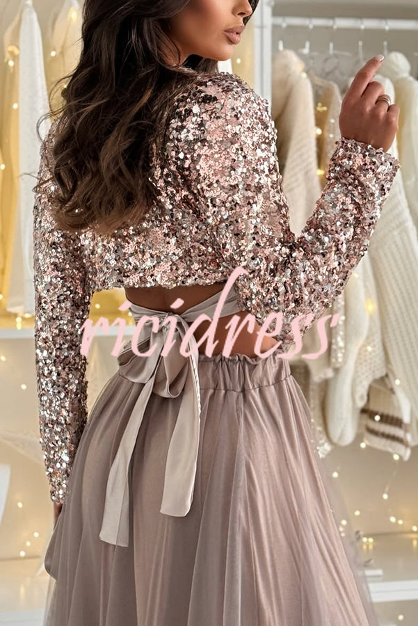 Holiday Party Sequin Long Sleeve Back Satin Tie-up Crop Top