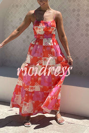 Resort Style Printed Suspender Pleated Loose Maxi Dress