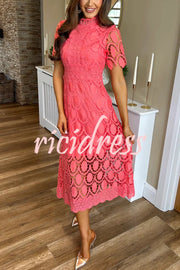 Elegant Crocheted Cutout Lace Short-sleeved Stand-collar Midi Dress