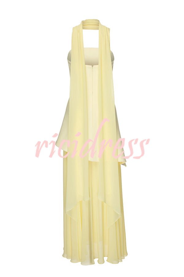 Monaco Off Shoulder Structured Top Chiffon Slit Hem Scarf Maxi Dress