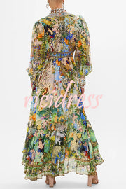 Fairy Tale Print V-Neck Lantern Sleeve Waist Maxi Dress