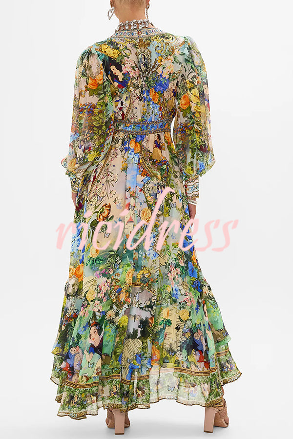 Fairy Tale Print V-Neck Lantern Sleeve Waist Maxi Dress