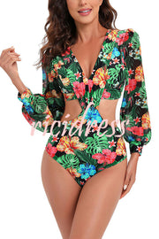 Coral Floral Print Backless Lace Up Sheer Long Sleeve One Piece Swimsuit
