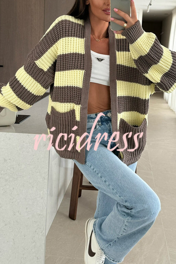 Fashionable Patchwork Striped Casual Pocket Knitted Sweater