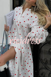 Cute Heart Print Puff Sleeve Loose Shirt Style Maxi Dress