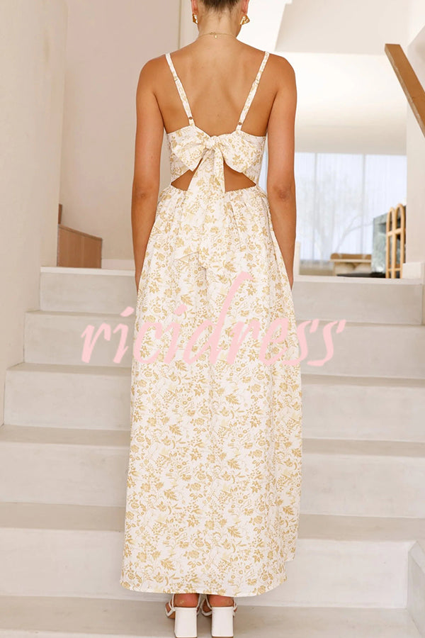 Floral Print V-Neck Sleeveless Back Tie Pocket Maxi Dress