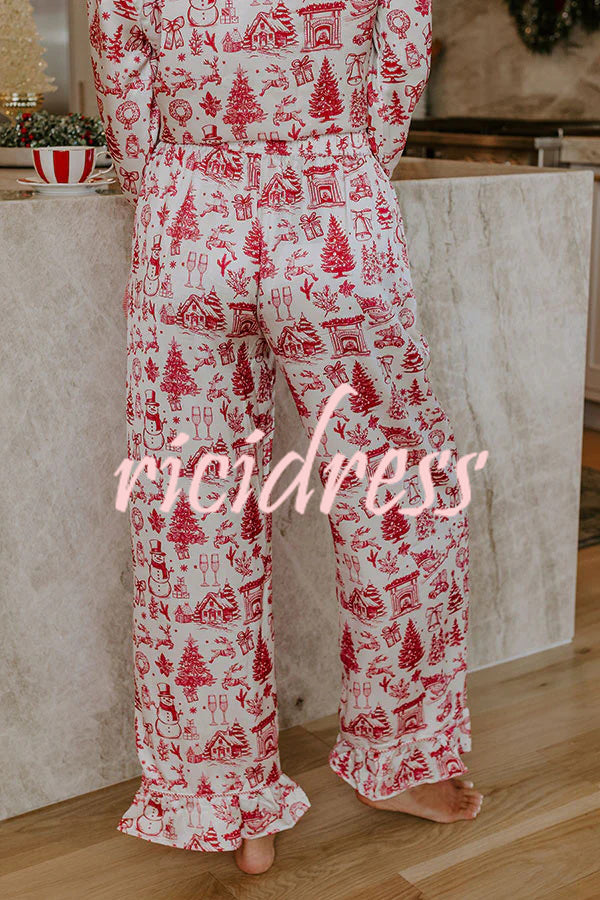 Christmas Night Satin Loose Shirt and Elastic Waist Pocketed Pajama Set