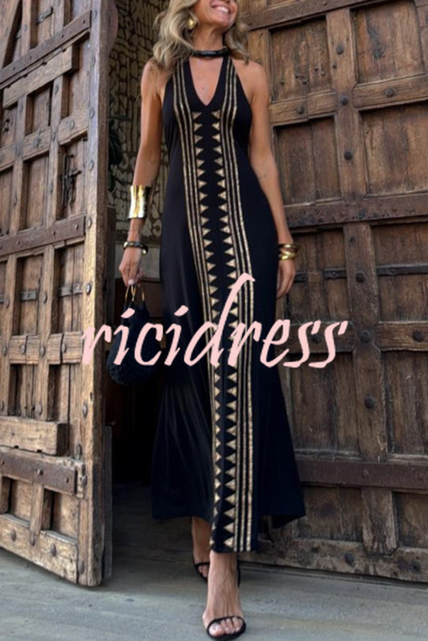 Meret Gold Geometric Print Halter Backless Stretch Maxi Dress