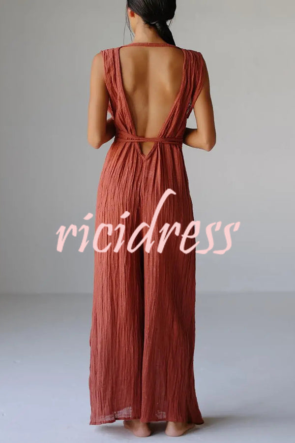 Resort Style V-neck Tie Pleated Casual Jumpsuit