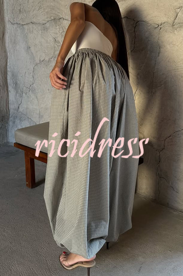 Fashion Plaid Print Elastic Waist Pocket Loose Wide-leg Pants
