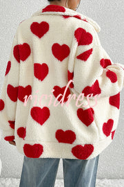 Fashion Plush Heart Print Loose Pocket Long Sleeve Zipper Jacket