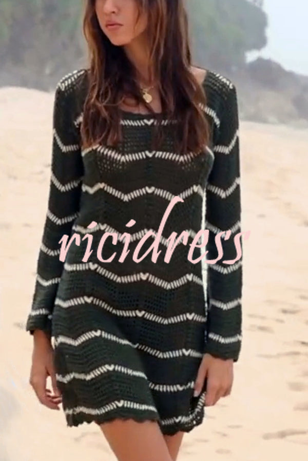 Fashion Striped Round Neck Long Sleeve Knit Cover Up Mini Dress