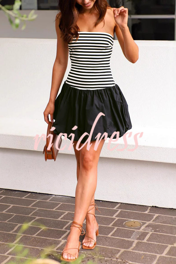 Stripe Print Paneled Pleated Tube Top Mini Dress