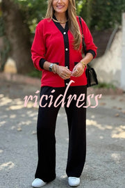 Stylish Color-blocked V-neck Knitted Button-down Cardigan and Elastic Waist Casual Wide-leg Pants Set