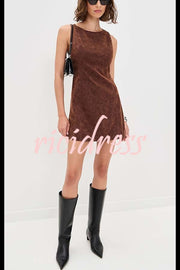 Atlas Faux Suede Open Back Button Accents Zipper Mini Dress
