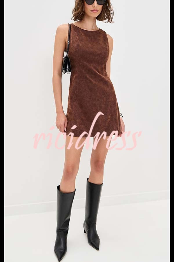 Atlas Faux Suede Open Back Button Accents Zipper Mini Dress