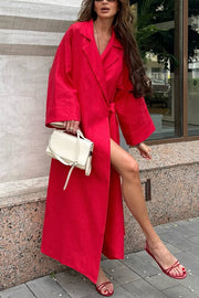 Linen Blend Solid Color Casual Lapel Tie Loose Maxi Dress
