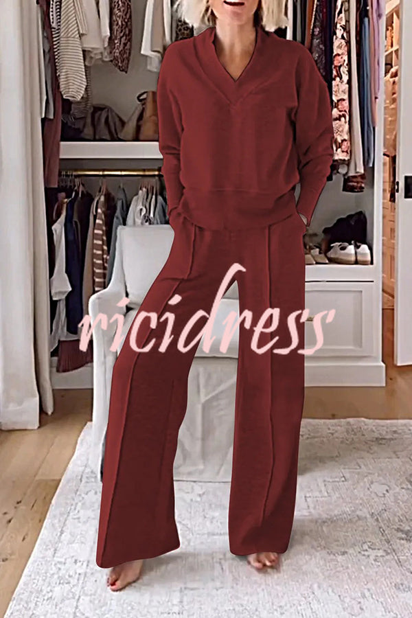 Weather Gets Cold Solid Color V-neck Top and Elastic Waist Pocketed Lounge Pants Set