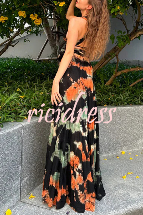Tie-dye Printed Sleeveless Backless Strappy Maxi Dress