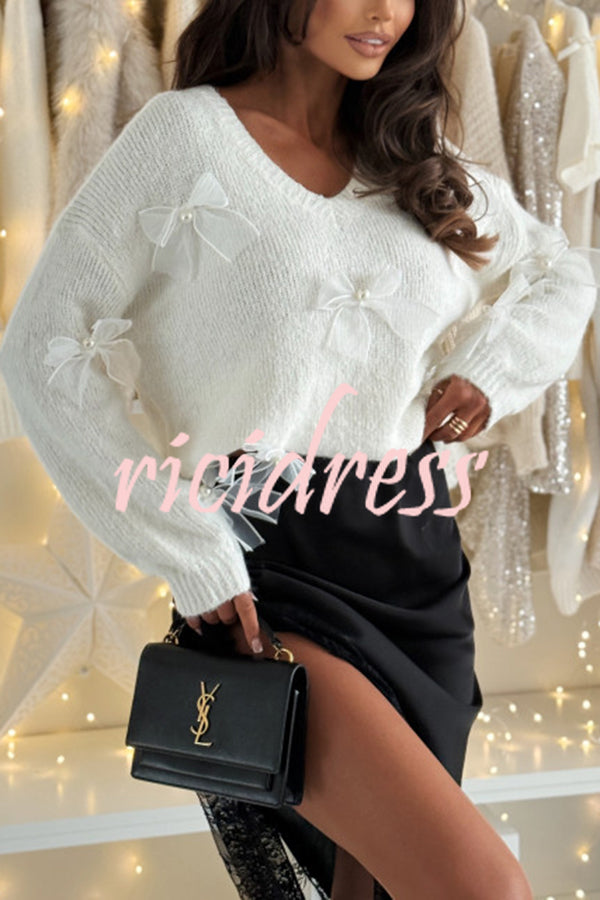 Gentle Winter Knit Tulle Bows Design Long Sleeve Relaxed Sweater