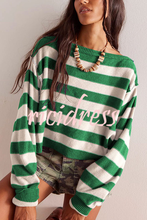 Striped Print Crew Neck Long Sleeve Loose Knitted Sweater