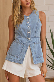 Fashionable Casual Slim Fit Button Pocket Denim Vest
