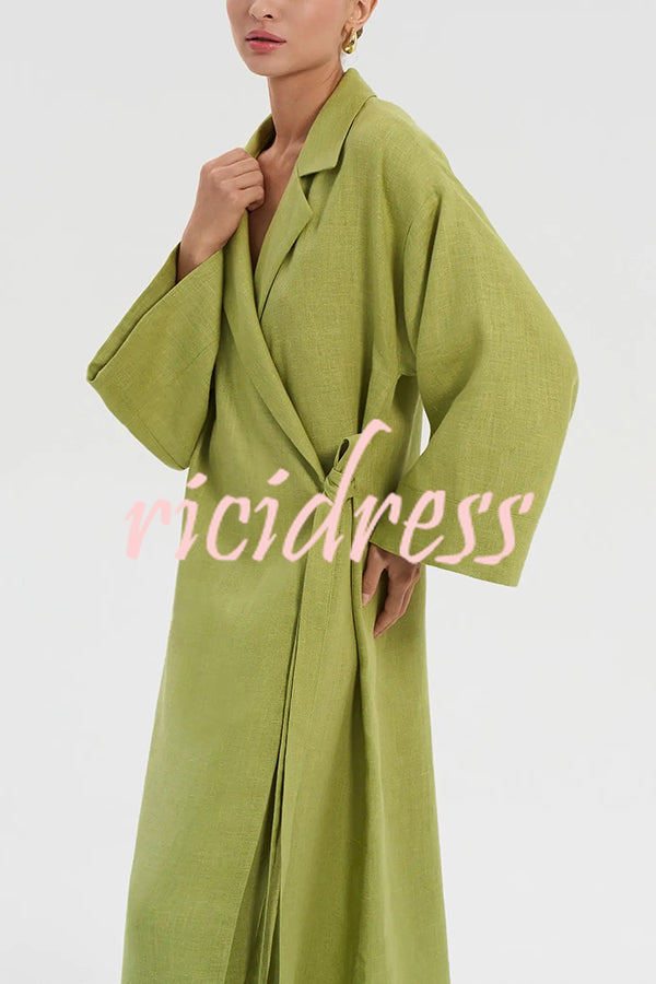 Linen Blend Solid Color Casual Lapel Tie Loose Maxi Dress