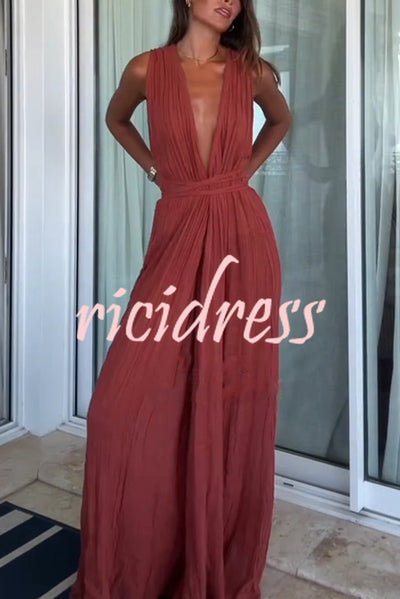 Resort Style V-neck Tie Pleated Casual Jumpsuit