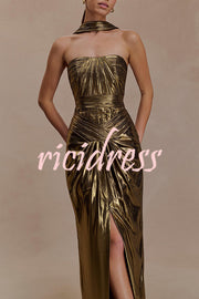 Clemence Plisse Metallic Fabric Reverse Halter Beck Strap Drape Slit Maxi Dress