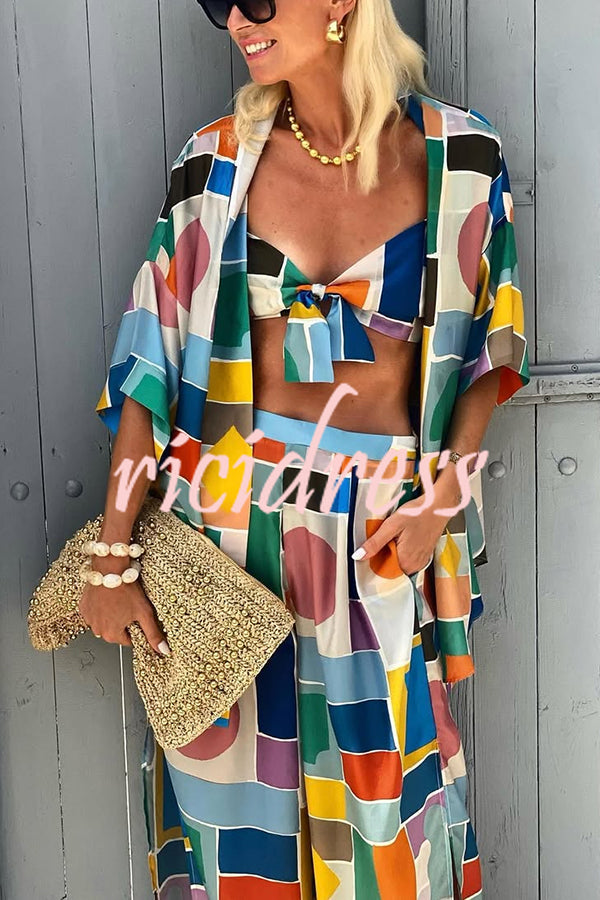 Summer Colors Printed Kimono + Knotted Tank + Elastic Waist Pocket Three-pieces Pants Set