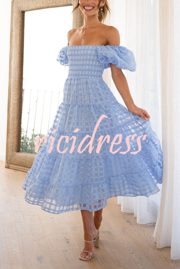 Solid Color Off-shoulder Lantern Sleeve Patchwork Midi Dress