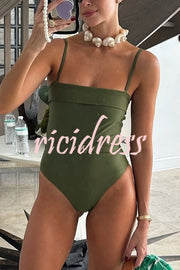 Solid Color Suspender Buckle Waist Elastic Swimsuit