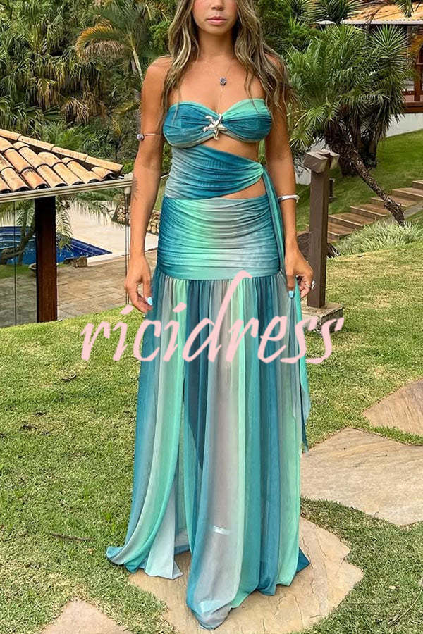 Soleil Mesh Printed Starfish Pendant Ruched Cutout Off Shoulder Maxi Dress
