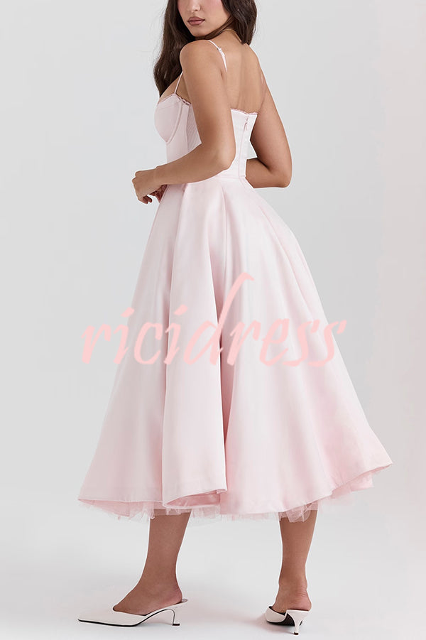 Fairytale Vibe Satin Patchwork Tulle Sweetheart Neck Pocket Stretch Midi Dress