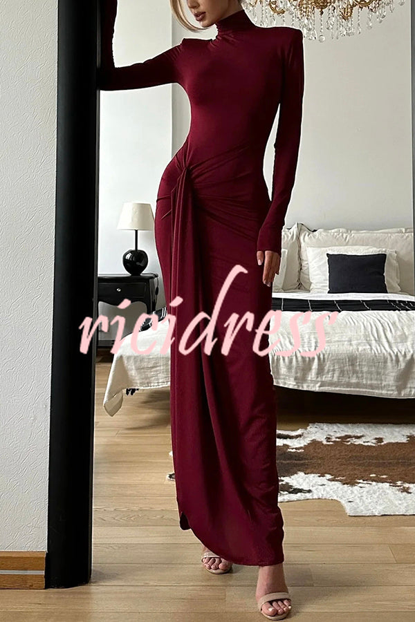 Luxe Silhouette High Neck Shoulder Pads Drape Stretch Maxi Dress