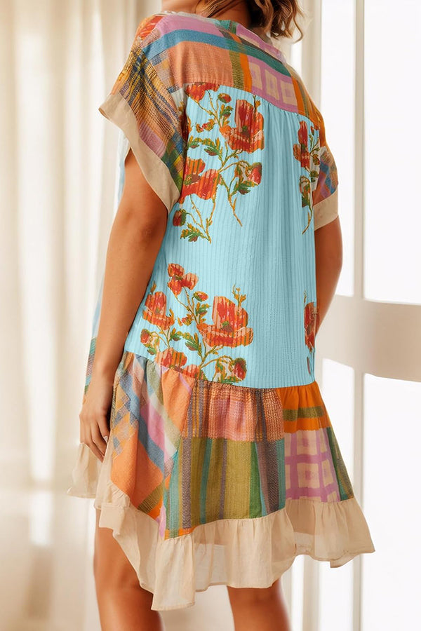 Bohemian Printed Casual Short Sleeve Ruffled Mini Dress