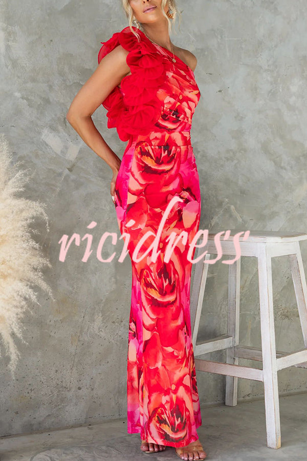 Floral Print Sleeveless 3D Flower One Shoulder Slim Maxi Dress