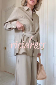 Juliette Cross-front Button Up Long Sleeve Shirt and Elastic Waist Pocket Loose Pants Set