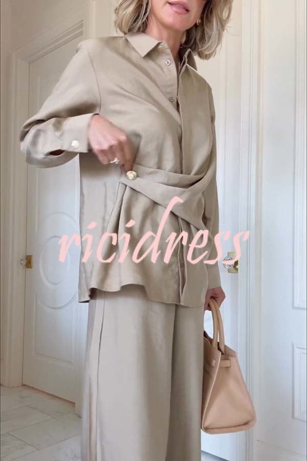 Juliette Cross-front Button Up Long Sleeve Shirt and Elastic Waist Pocket Loose Pants Set
