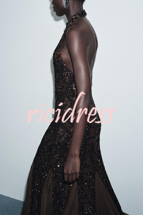 Twilight Gleam Sequin Textured Tulle Hem Halter Backless Maxi Dress