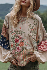 Bohemian Floral Print Round Neck Long-sleeved Loose Top