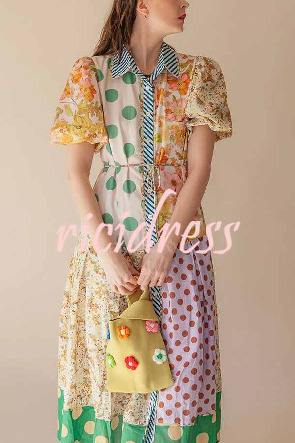 Linen Blend Unique Print Lapel Puff Sleeve Casual Midi Dress