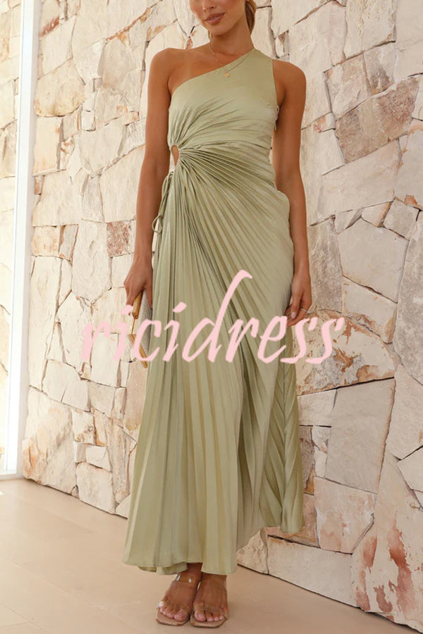 Charming One Shoulder Lace Up Cutout Pleated Maxi Dress