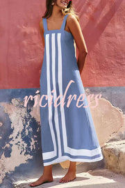 Striped Print Resort Style Casual Sling Maxi Dress