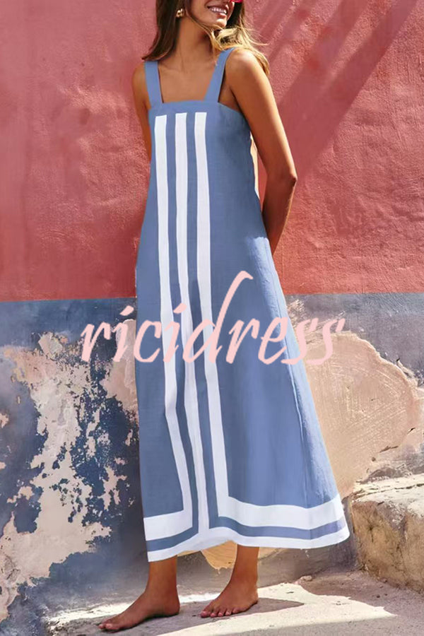 Striped Print Resort Style Casual Sling Maxi Dress